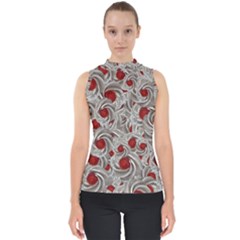 Cream With Cherries Motif Random Pattern Mock Neck Shell Top