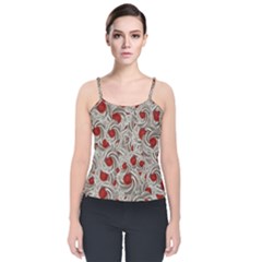 Cream With Cherries Motif Random Pattern Velvet Spaghetti Strap Top