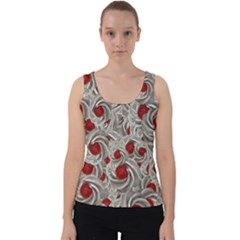 Cream With Cherries Motif Random Pattern Velvet Tank Top