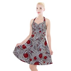 Cream With Cherries Motif Random Pattern Halter Party Swing Dress 