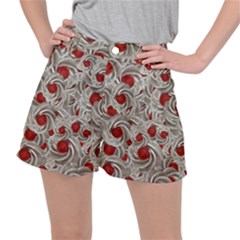 Cream With Cherries Motif Random Pattern Ripstop Shorts