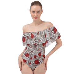 Cream With Cherries Motif Random Pattern Off Shoulder Velour Bodysuit 