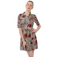 Cream With Cherries Motif Random Pattern Belted Shirt Dress