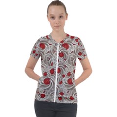 Cream With Cherries Motif Random Pattern Short Sleeve Zip Up Jacket