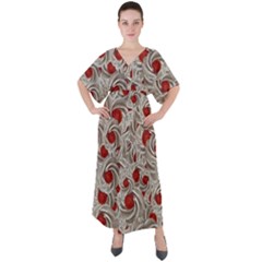 Cream With Cherries Motif Random Pattern V-Neck Boho Style Maxi Dress