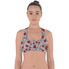 Cream With Cherries Motif Random Pattern Cross Back Hipster Bikini Top 