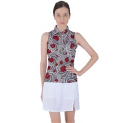 Cream With Cherries Motif Random Pattern Women s Sleeveless Polo Tee