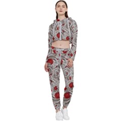 Cream With Cherries Motif Random Pattern Cropped Zip Up Lounge Set