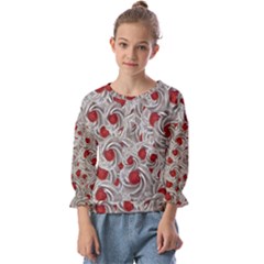 Cream With Cherries Motif Random Pattern Kids  Cuff Sleeve Top