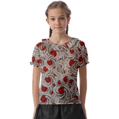 Cream With Cherries Motif Random Pattern Kids  Frill Chiffon Blouse