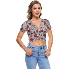 Cream With Cherries Motif Random Pattern Short Sleeve Foldover Tee