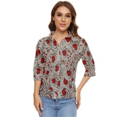 Cream With Cherries Motif Random Pattern Women s Quarter Sleeve Pocket Shirt