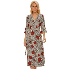 Cream With Cherries Motif Random Pattern Midsummer Wrap Dress