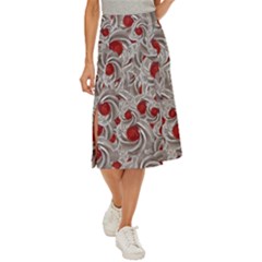 Cream With Cherries Motif Random Pattern Midi Panel Skirt