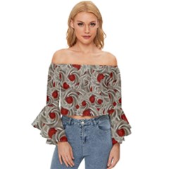 Cream With Cherries Motif Random Pattern Off Shoulder Flutter Bell Sleeve Top