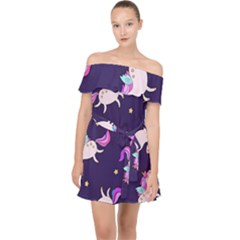 Fantasy-fat-unicorn-horse-pattern-fabric-design Off Shoulder Chiffon Dress by Jancukart