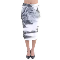 Ink-wash-painting-mountain-rolling-mountains Velvet Midi Pencil Skirt by Jancukart