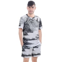 Ink-wash-painting-mountain-rolling-mountains Men s Mesh Tee And Shorts Set