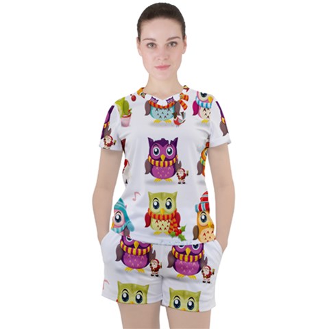 Cartoon-cute-owl-vector Women s Tee And Shorts Set by Jancukart