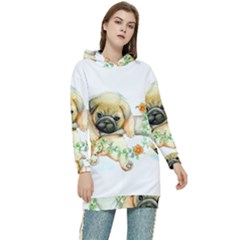 Pug-watercolor-cute-animal-dog Women s Long Oversized Pullover Hoodie by Jancukart