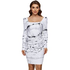 Astronaut-moon-space-astronomy Women Long Sleeve Ruched Stretch Jersey Dress