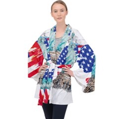 Statue Of Liberty Independence Day Poster Art Long Sleeve Velvet Kimono 