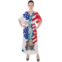 Statue Of Liberty Independence Day Poster Art V-Neck Boho Style Maxi Dress