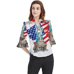 Statue Of Liberty Independence Day Poster Art Loose Horn Sleeve Chiffon Blouse