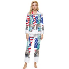 Statue Of Liberty Independence Day Poster Art Womens  Long Sleeve Velvet Pocket Pajamas Set