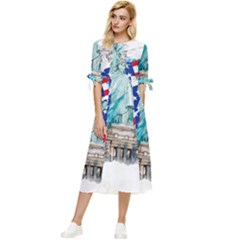 Statue Of Liberty Independence Day Poster Art Bow Sleeve Chiffon Midi Dress