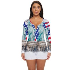 Statue Of Liberty Independence Day Poster Art Long Sleeve Boyleg Swimsuit