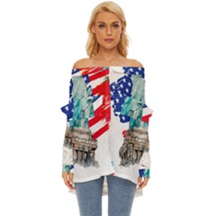 Statue Of Liberty Independence Day Poster Art Off Shoulder Chiffon Pocket Shirt