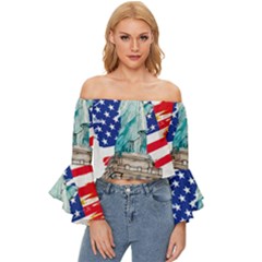 Statue Of Liberty Independence Day Poster Art Off Shoulder Flutter Bell Sleeve Top