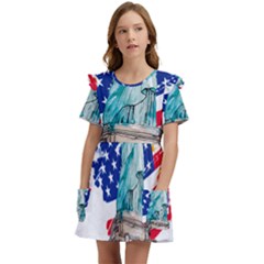Statue Of Liberty Independence Day Poster Art Kids  Frilly Sleeves Pocket Dress