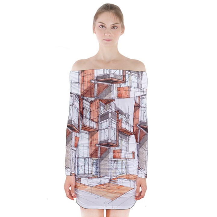 Rag-flats-onion-flats-llc-architecture-drawing Graffiti-architecture Long Sleeve Off Shoulder Dress