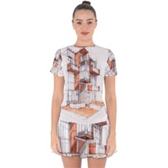 Rag-flats-onion-flats-llc-architecture-drawing Graffiti-architecture Drop Hem Mini Chiffon Dress