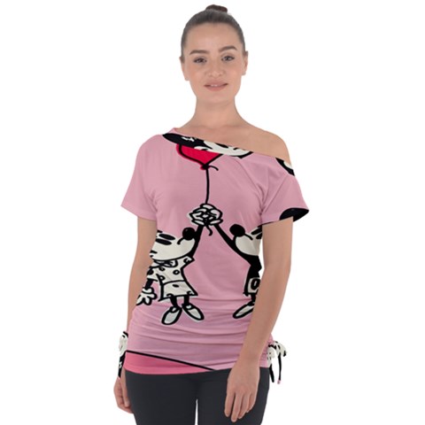 Baloon Love Mickey & Minnie Mouse Off Shoulder Tie-up Tee by nate14shop