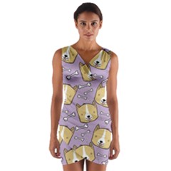 Corgi Pattern Wrap Front Bodycon Dress