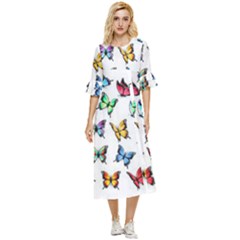 Big Collection Off Colorful Butterfiles Double Cuff Midi Dress