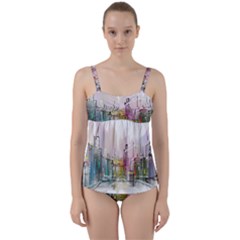 Drawing-watercolor-painting-city Twist Front Tankini Set by Jancukart