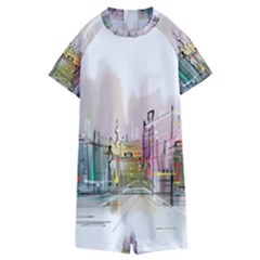 Drawing-watercolor-painting-city Kids  Boyleg Half Suit Swimwear