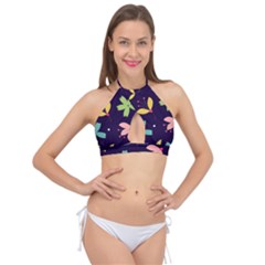 Colorful Floral Cross Front Halter Bikini Top by hanggaravicky2