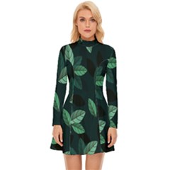 Plant Leaves Long Sleeve Velour Longline Dress by artworkshop