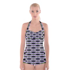 Hackers Town Void Mantis Hexagon Agender Nine 9 Stripe Pride Flag Boyleg Halter Swimsuit 