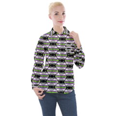 Hackers Town Void Mantis Hexagon Agender Nine 9 Stripe Pride Flag Women s Long Sleeve Pocket Shirt