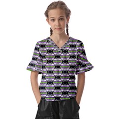 Hackers Town Void Mantis Hexagon Agender Nine 9 Stripe Pride Flag Kids  V-Neck Horn Sleeve Blouse