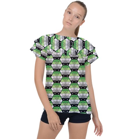 Hackers Town Void Mantis Hexagon Aromantic Pride Flag Ruffle Collar Chiffon Blouse by WetdryvacsLair