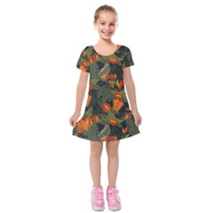 Orange Leaves Kids  Short Sleeve Velvet Dress by HWDesign