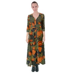 Orange Leaves Button Up Maxi Dress by HWDesign