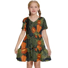 Orange Leaves Kids  Short Sleeve Tiered Mini Dress by HWDesign